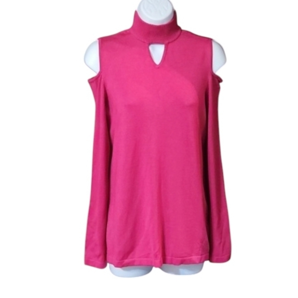 Susan Graver Vibrant Pink Cold Shoulder Turtleneck Top
